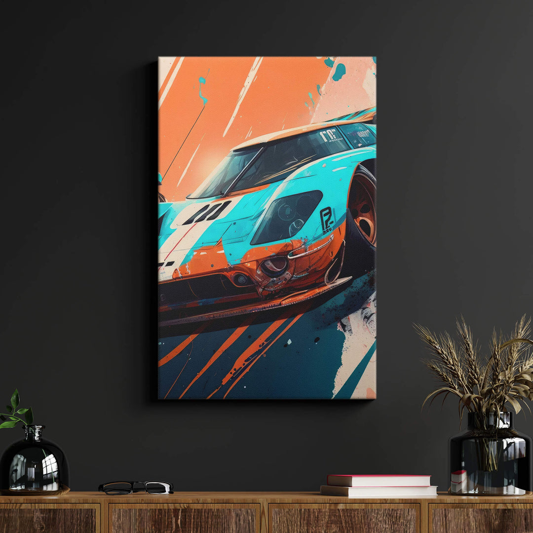 Canvas print of the Ford GT40 in classic Gulf livery on black wall in living room. Bright, flashing colors add vibrancy.