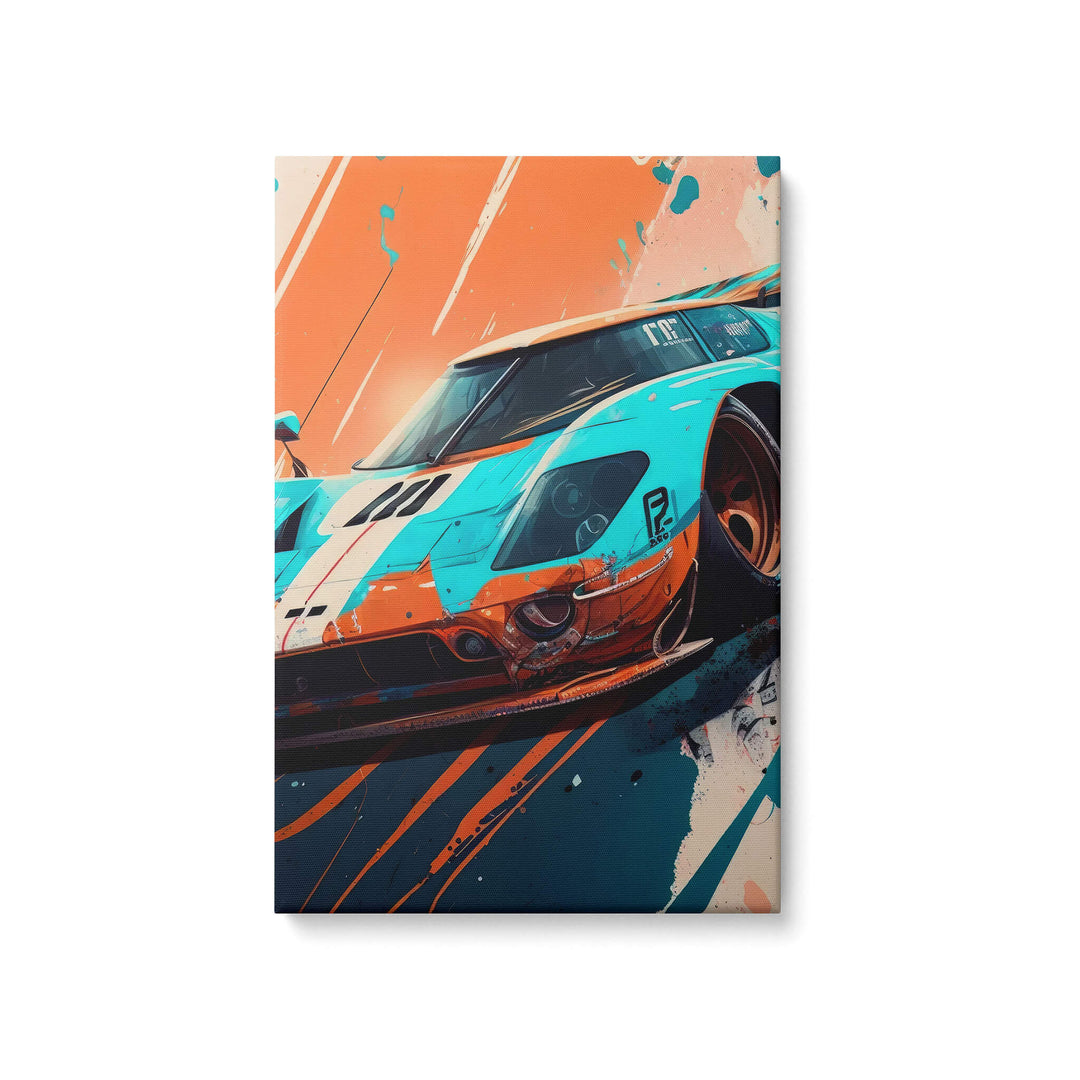 High quality canvas print of the Ford GT40 in classic Gulf livery on white background. Vibrant colors and sleek style.