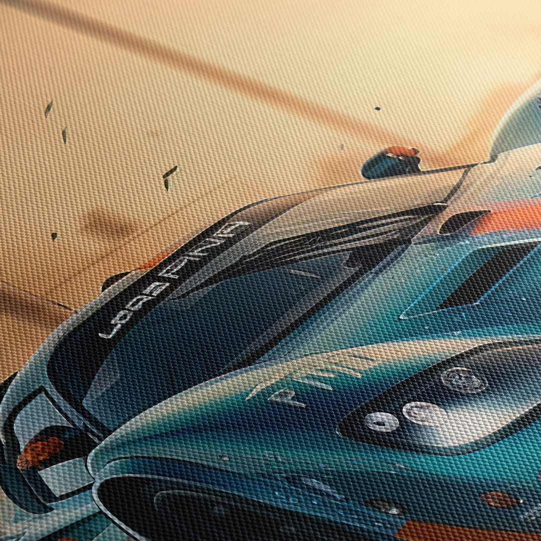A close-up view of the canvas print showing the high-quality texture and detail of the blue and orange Saleen S7 supercar.