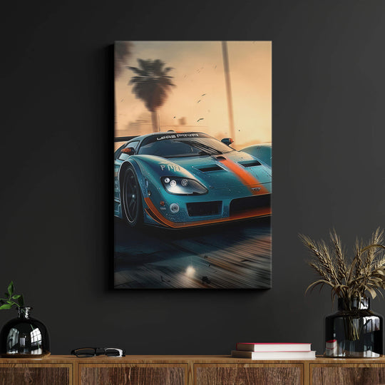 A straight-on view of the canvas print on a black wall above a wood desk in a living room, showcasing a blue and orange Saleen S7.