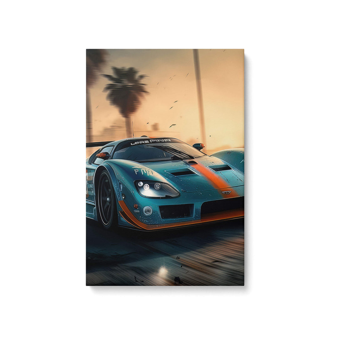 A straight-on view of the canvas print on a white background, featuring a legendary blue and orange Saleen S7 supercar.