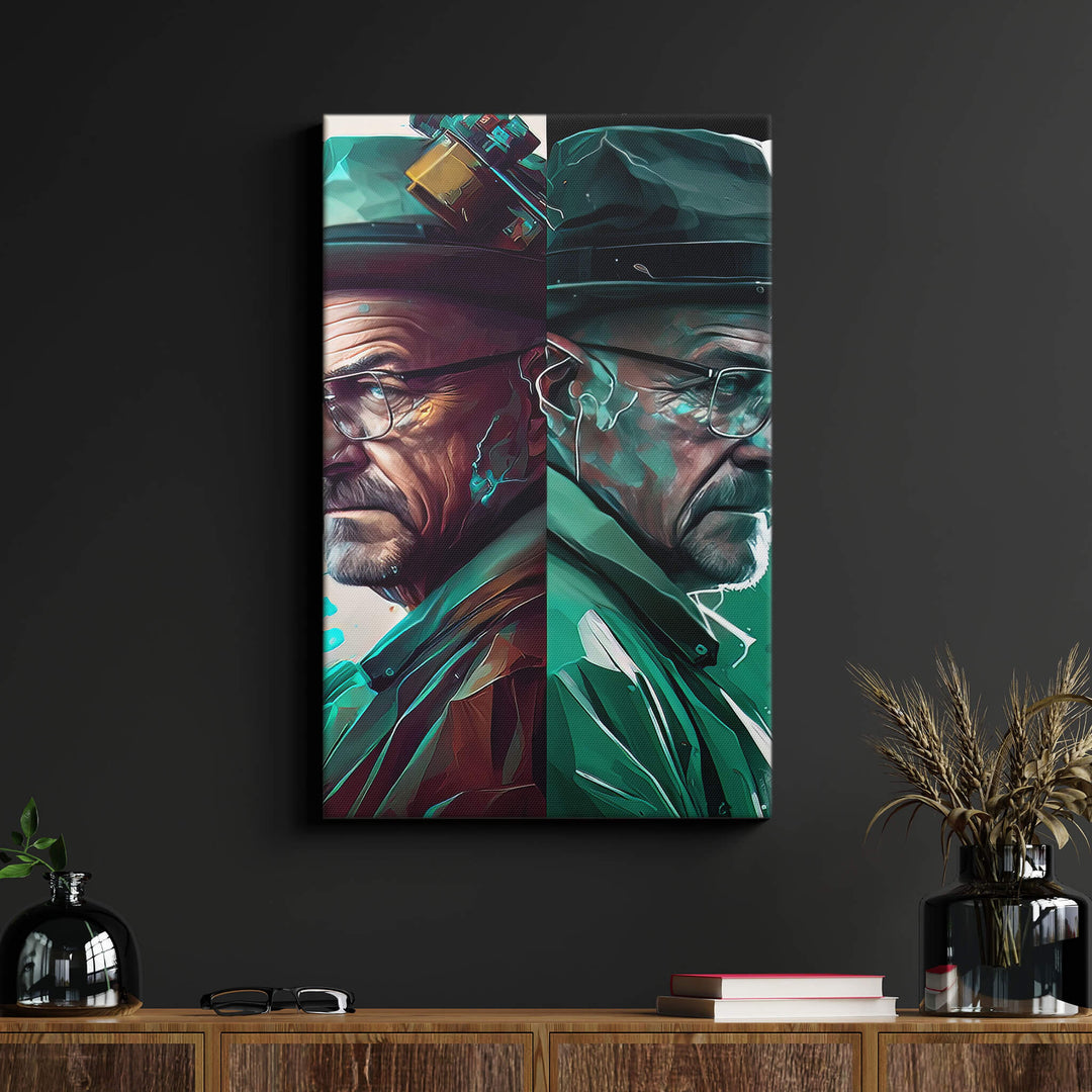 Captivating Walter White canvas print mounted on stretcher bars, featuring iconic character from Breaking Bad with vibrant colors.