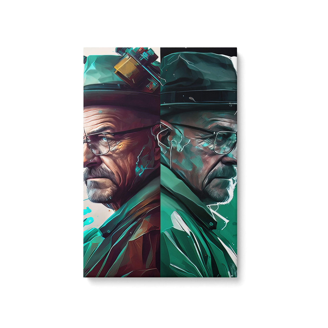 Vibrant Walter White canvas print on stretcher bars, depicting iconic character from Breaking Bad with geometric shading.