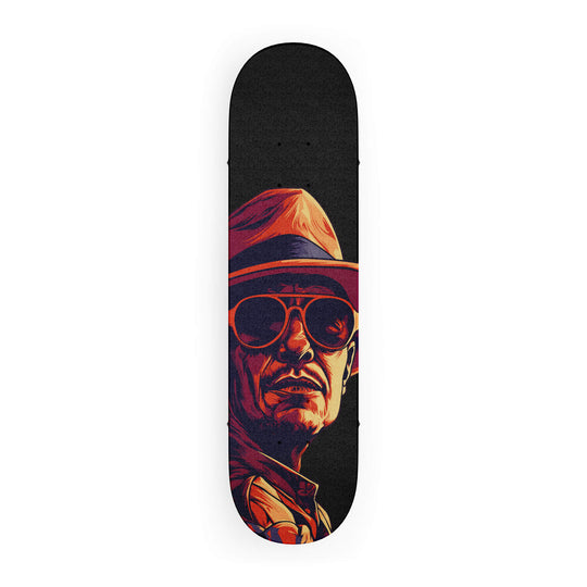 Top-down view of skateboard grip tape with vibrant red and orange colors, featuring a custom graphic of a renowned author.