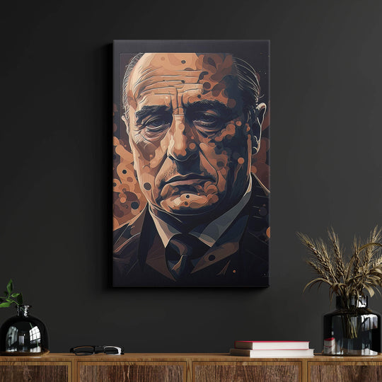 Aged Godfather-Inspired Don Corleone headshot canvas print on black wall above a wood desk in a living room.
