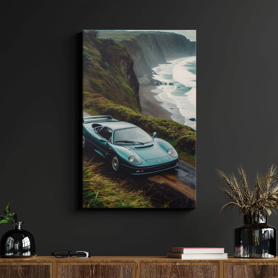 Stunning canvas print of rare dark green Jaguar XJ220 parked in the wilderness, displayed on a black wall in a living room.