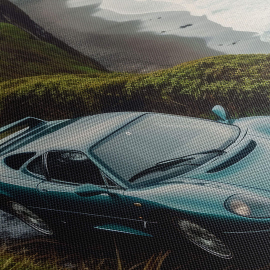 Close-up of canvas print's texture, highlighting the intricate details of the rare dark green Jaguar XJ220.