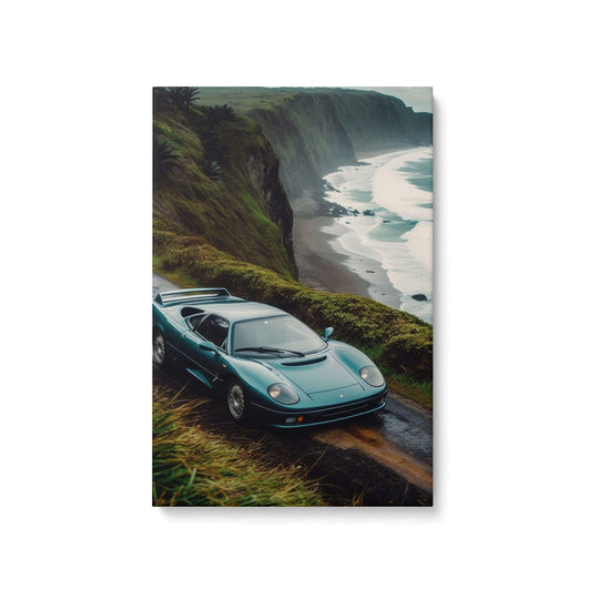 High-quality canvas print of dark green Jaguar XJ220 on white background - a rare beauty in the wilderness