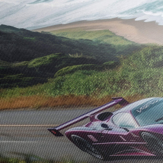 Close-up of the canvas print's texture and high-quality detail, featuring a stunning purple Jaguar XJR-15 racing through Hawaii