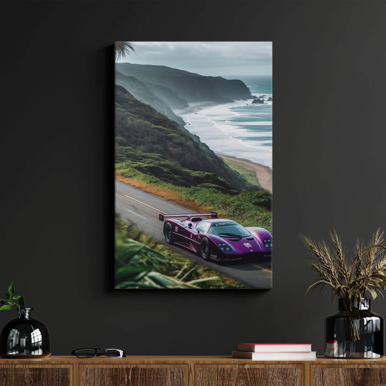 Add some color to your living room with this purple Jaguar XJR-15 canvas print on a black wall. Feel the sunshine in your space.