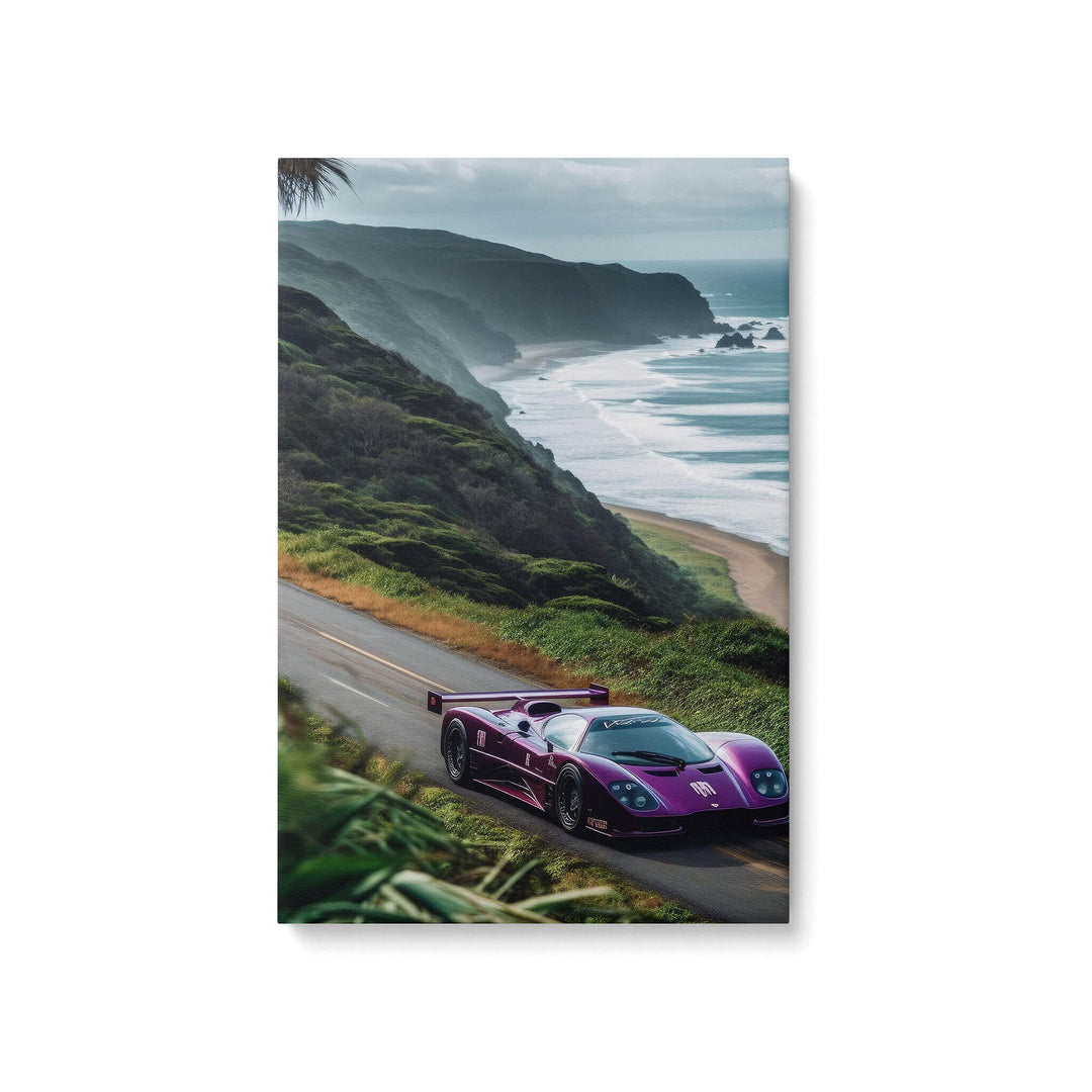 Stunning purple Jaguar XJR-15 canvas print on white background. Race into spring with this vibrant piece.