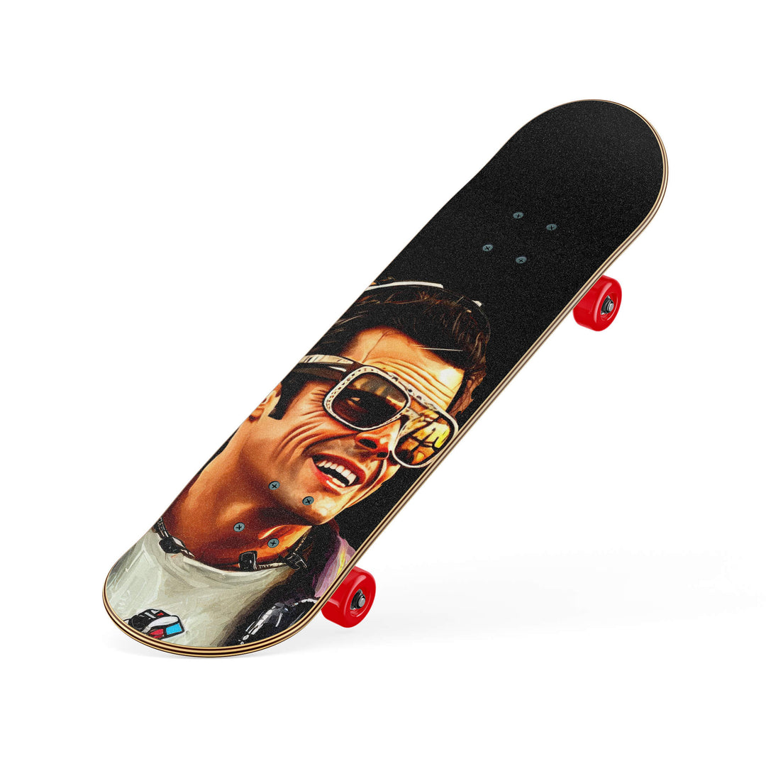 Slanted view of skateboard featuring high-quality grip tape with custom illustrated Johnny Knoxville artwork.