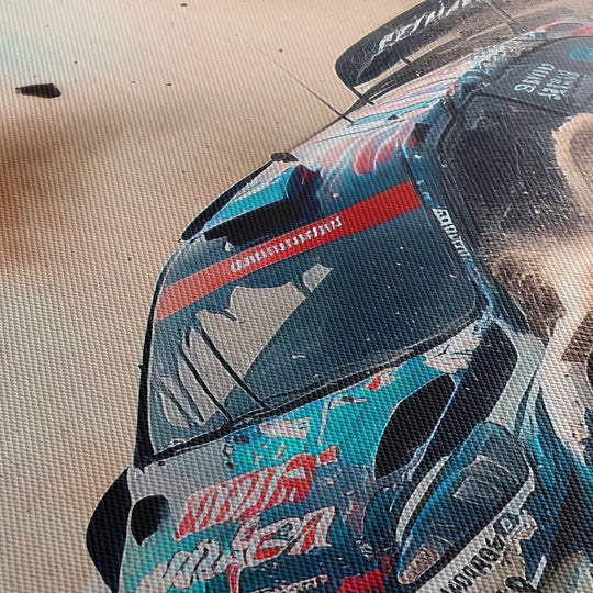 Detailed close-up of a Ford rally car canvas print, showcasing its high-quality detail and textured canvas material.