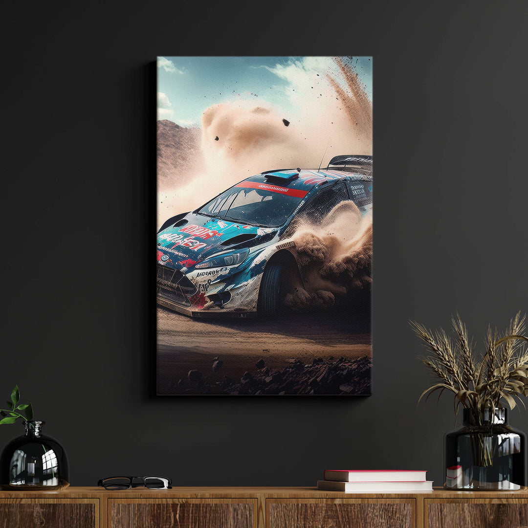 A stunning Ford rally car canvas print, showcasing the car's exceptional performance in the desert.