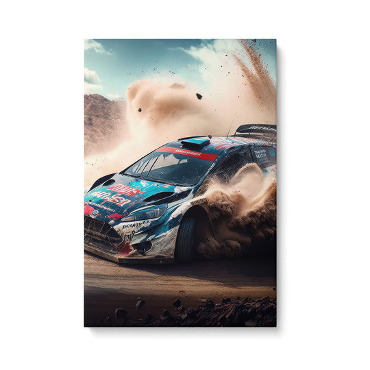 High-quality canvas print of a Ford rally car drifting through the desert. The dusty, sandy, and dry environment.