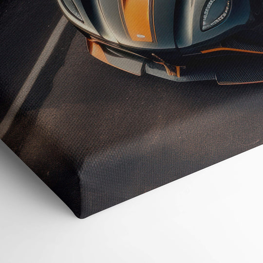 Elevated corner view of Black Koenigsegg Agera with Orange accents on canvas, stretched perfectly on 1.5” bars