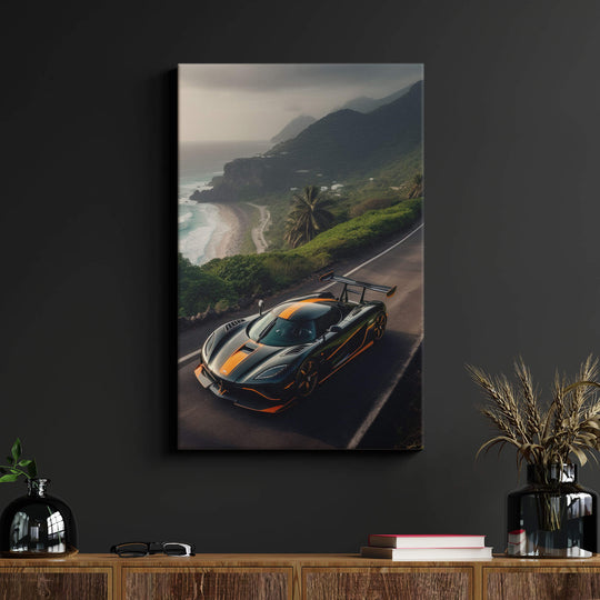High-quality canvas print of a black Koenigsegg Agera with orange accents on a black wall in a living room.