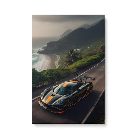 High-quality canvas print of a black Koenigsegg Agera with orange accents on stormy roads by the ocean.