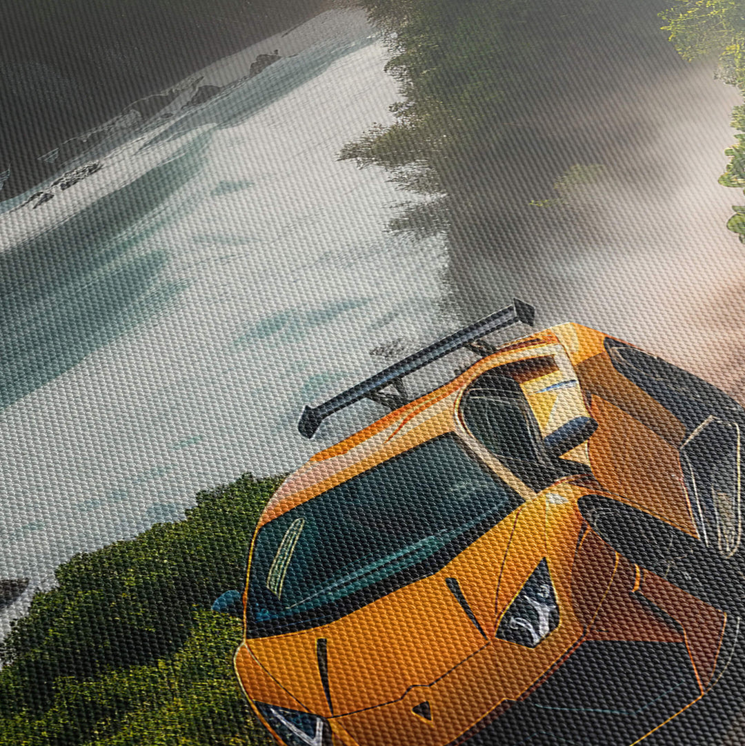 Detailed canvas texture of a Lamborghini Aventador cruising down the coastline on a high-quality canvas print.