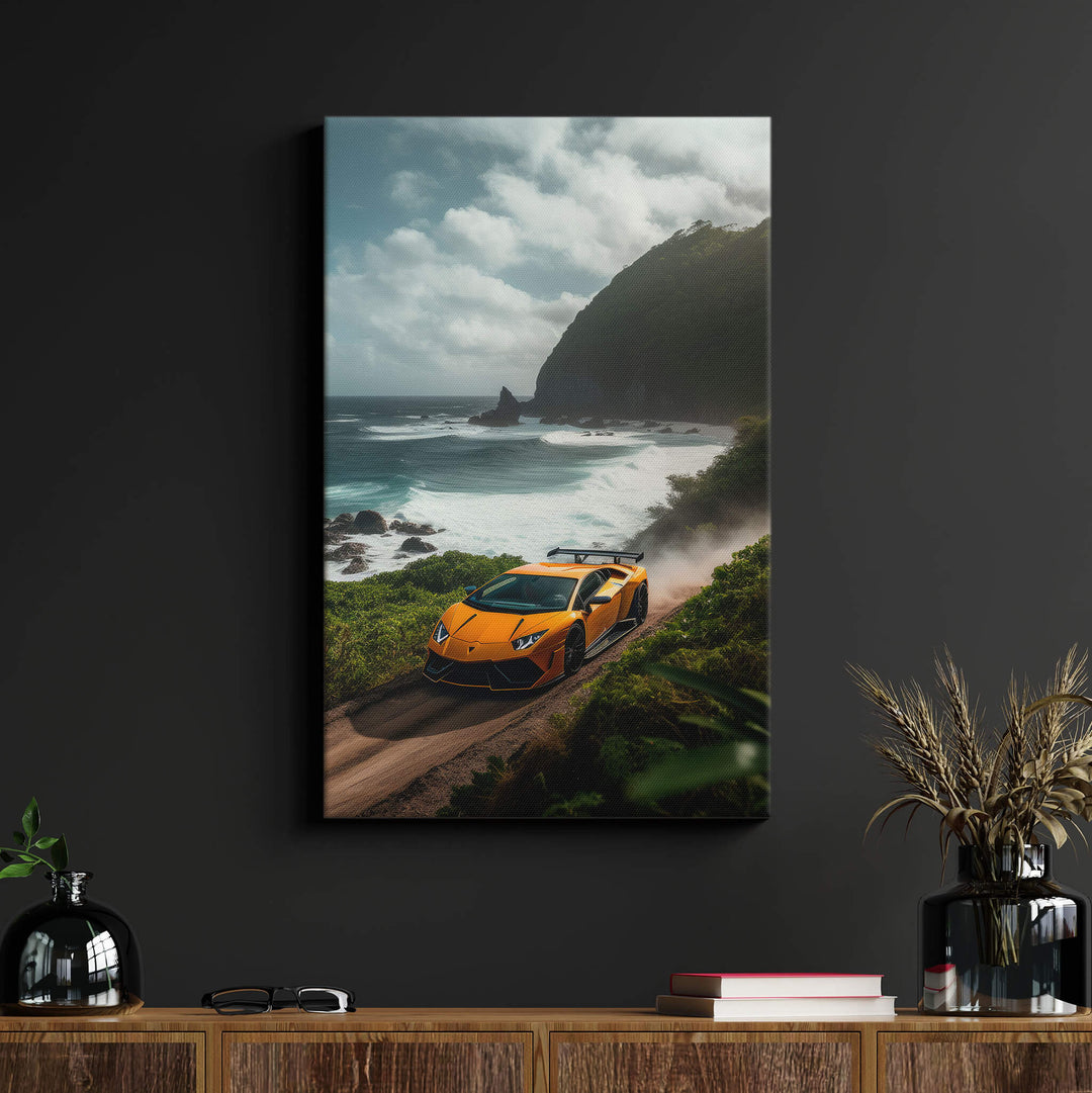 A stunning canvas print of a Lamborghini Aventador on a dirt road by the ocean, adding an eye-catching pop of color to any space.