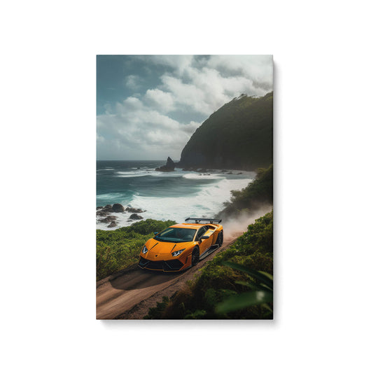 A bright orange Lamborghini Aventador speeding down a dirt road along the coastline, captured in a high-quality canvas print.