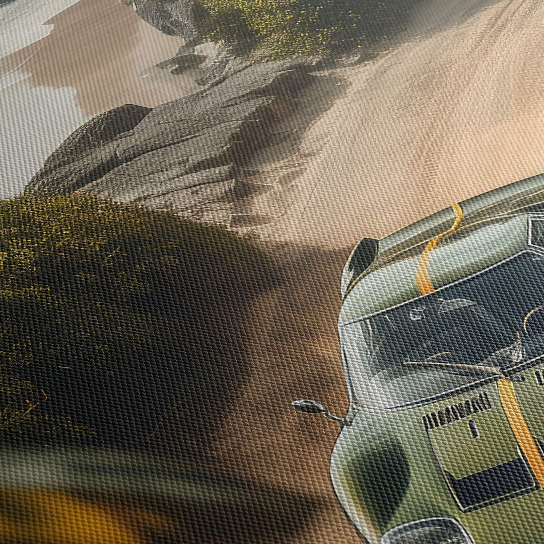 Close-up of high quality canvas print texture featuring green Lamborghini Miura with yellow racing stripes & ocean backdrop.