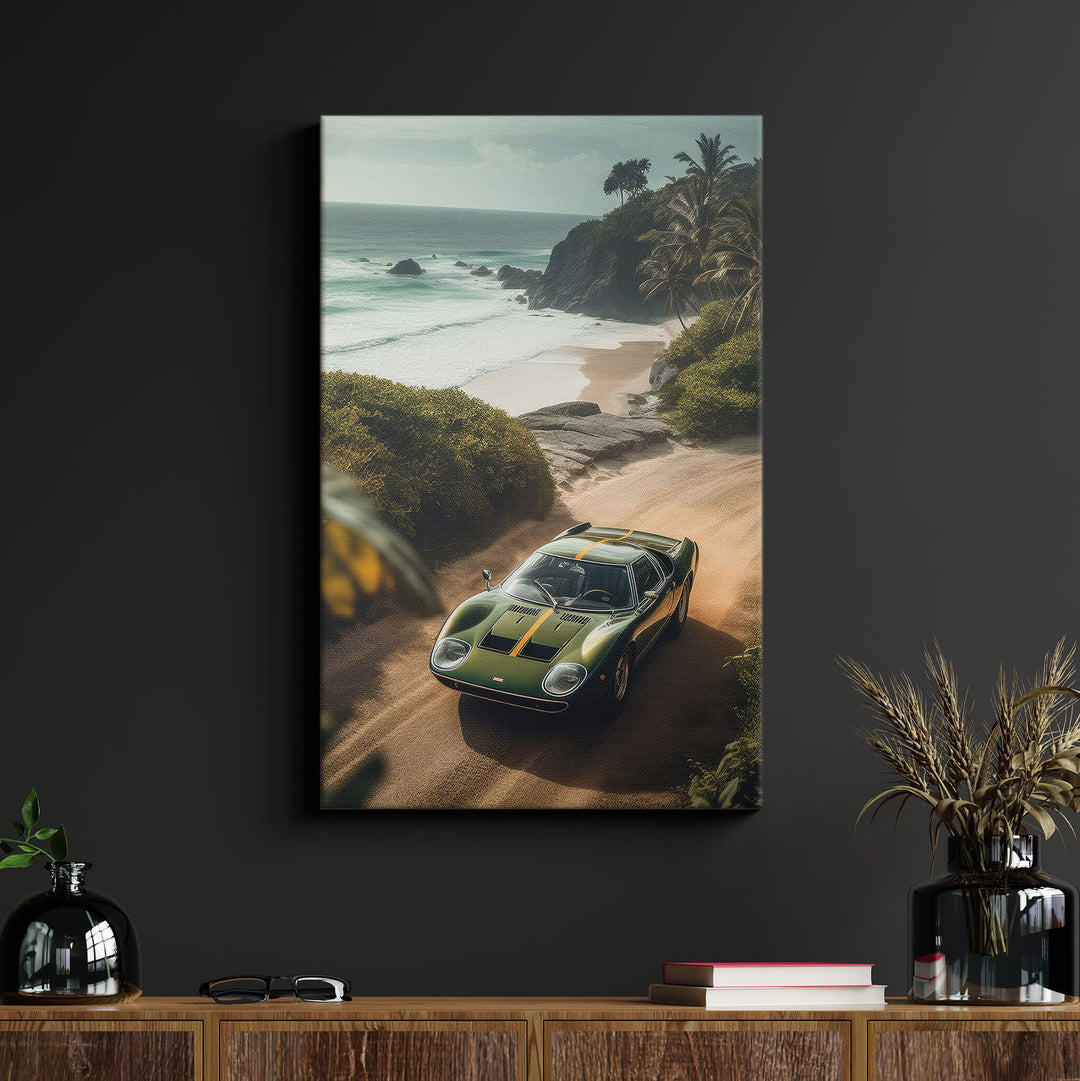 Living room with black wall, wood desk, and high quality canvas print of green Lamborghini Miura with yellow racing stripes.