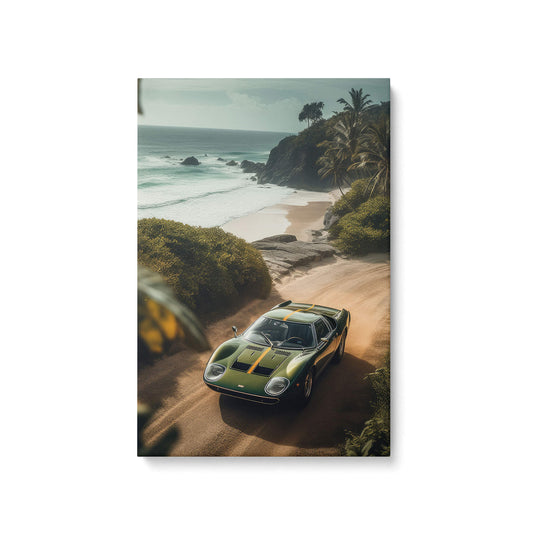 Sunny coastline scene, green Lamborghini Miura with yellow racing stripes, ocean backdrop. High quality canvas print.