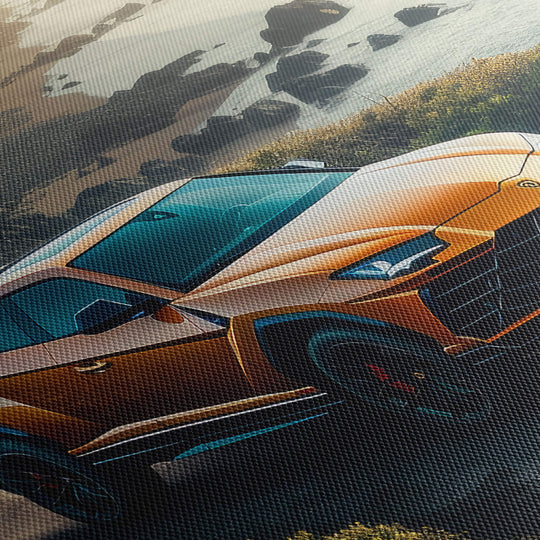 Close up of high quality canvas print texture and detail of Deep Orange Lamborghini Urus driving up a dirt road.