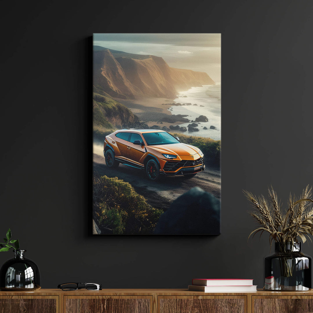 Vibrant canvas print of Deep Orange Lamborghini Urus driving up a dirt road in the Tropicals of Hawaii.