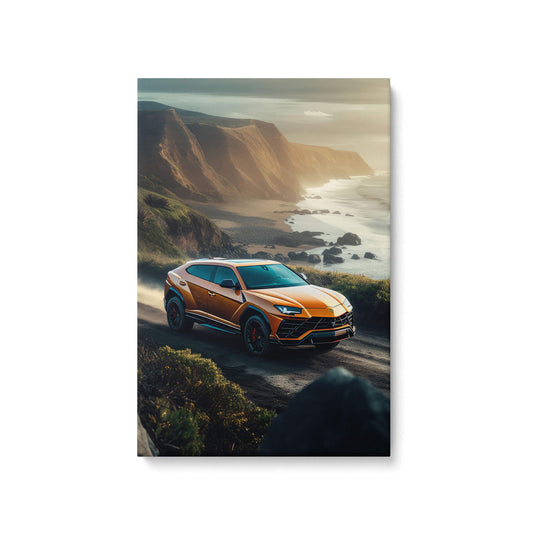 High quality canvas print of Deep Orange Lamborghini Urus driving up a dirt road in the Tropicals of Hawaii.