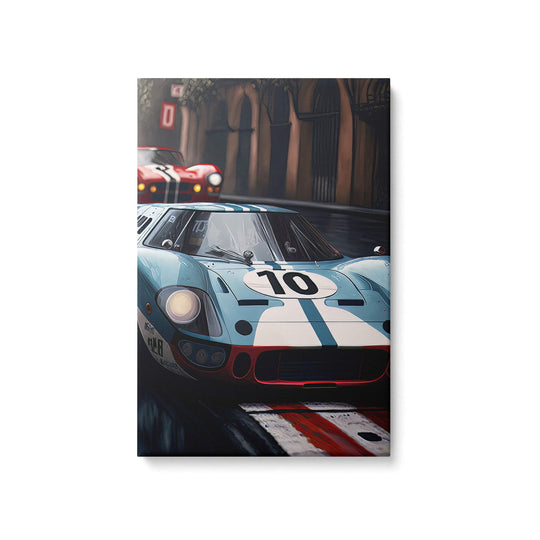 Intense Ford vs Ferrari canvas print on white background, featuring high-speed supercars in a race to the finish.