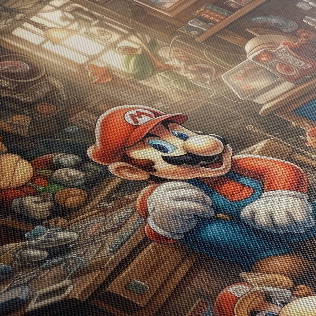 Close-up of high quality canvas print, showing texture and vibrant colors of the amazing Super Mario Brother.