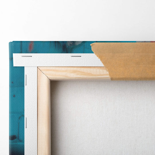 Detailed image of folded corner of canvas print. High-quality craftsmanship of stretcher bars and canvas material.