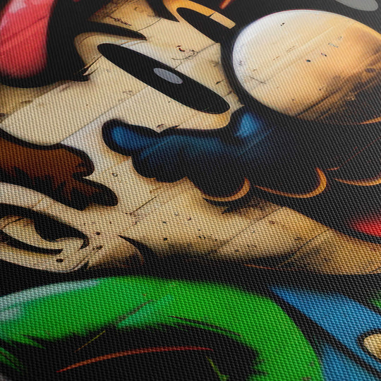 Close-up of canvas print texture and detail. Mario's graffiti art comes to life on this high-quality canvas print.