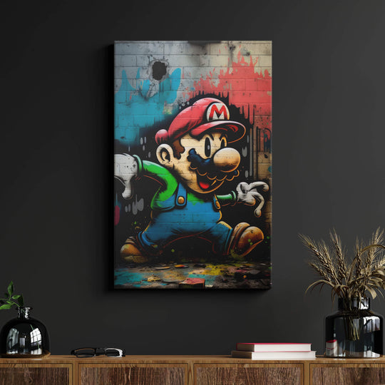Mario graffiti canvas print on black wall above wood desk. Adds character and vibrancy to any living space.