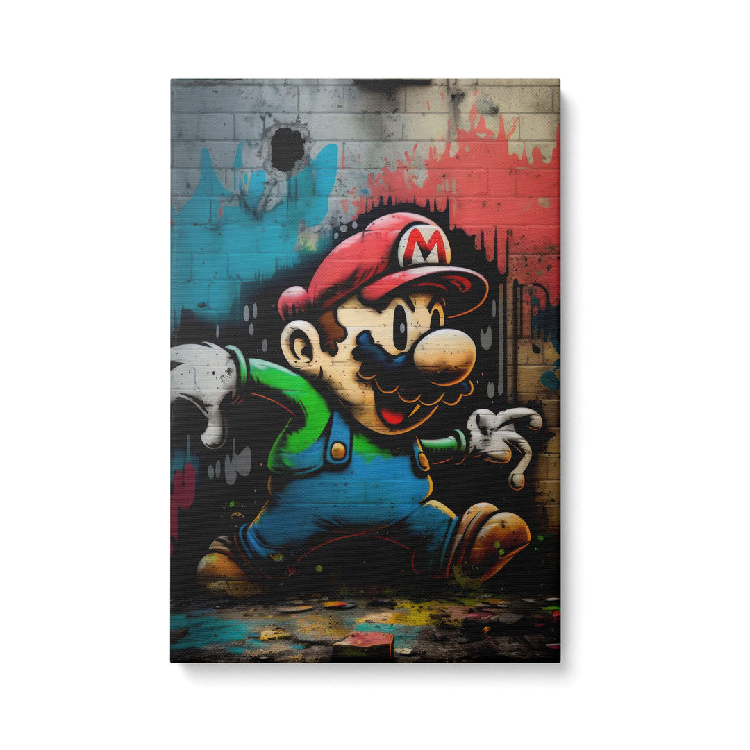 Mario graffiti canvas print on white background. Playful and colorful artwork of Mario from classic video games.