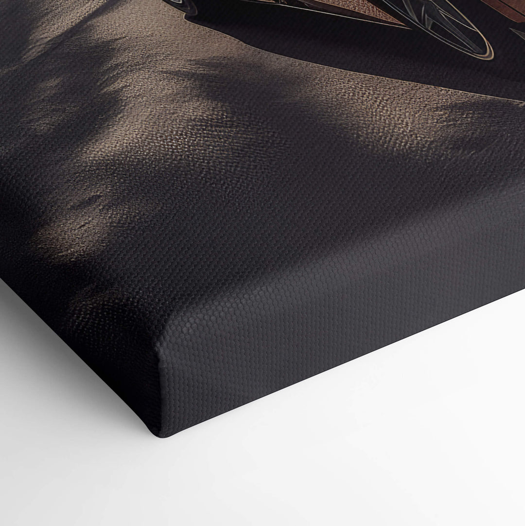 Elevated view of the corner of the canvas print, showcasing the high-quality canvas material and sports car with fine colors.