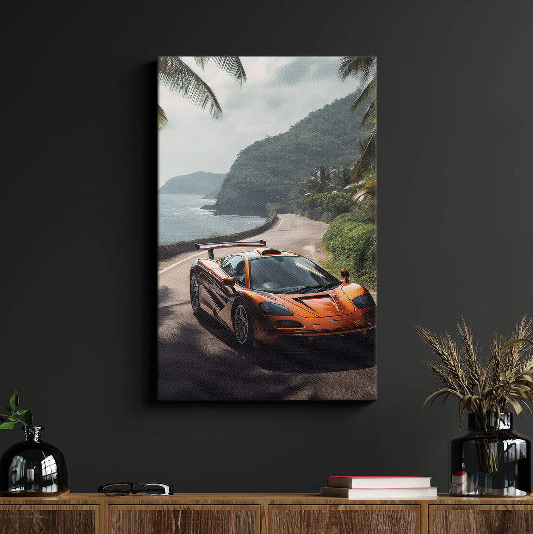 Bright orange McLaren F1 parked on a scenic road in Hawaii. Enhance your living room with the sleekness of this canvas print.