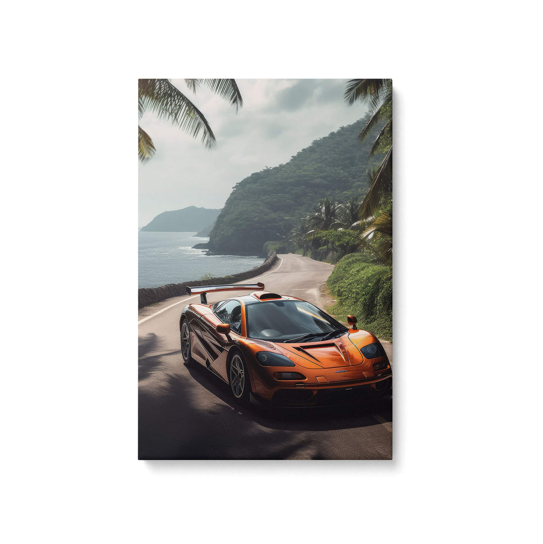 Deep orange McLaren F1 parked on a scenic road in Hawaii. Spring vibes with warm colors and forest green backdrop.