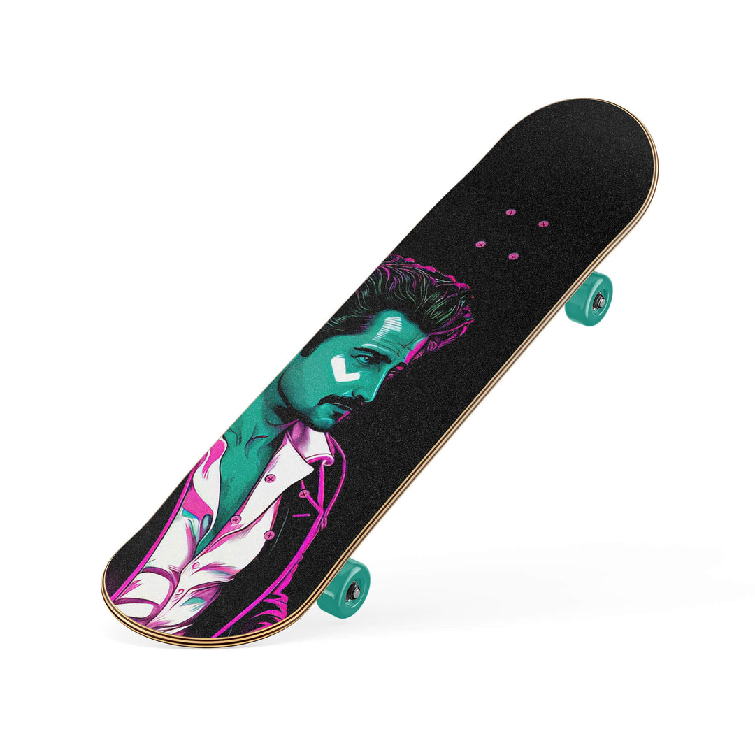 Slanted view of Skateboard featuring the Miami Vice-inspired artwork in glowing purple and blue hues.