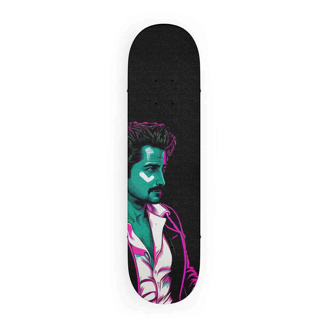 Top view of Skateboard Grip tape featuring Martin Castillo's iconic pose from Miami Vice in vibrant blue and purple hues.