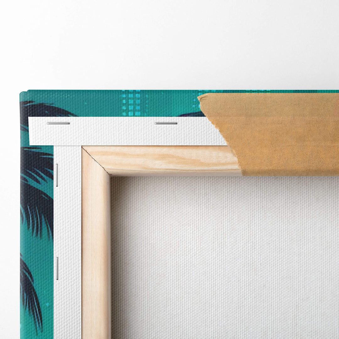 Detailed view of the fold-over corner and wood frame of a Miami Vice canvas on stretcher bars, high quality textured.