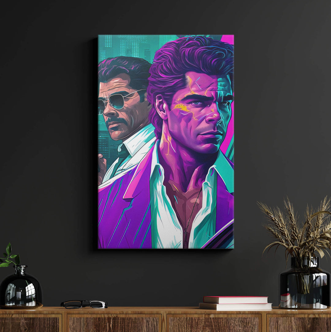 Iconic Miami Vice characters on a bright 1970s illustrated canvas art, complementing the black wall.