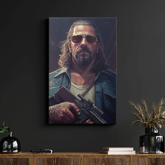 "The Dude" canvas print on black wall in living room, inspired by the legendary character from The Big Lebowski.