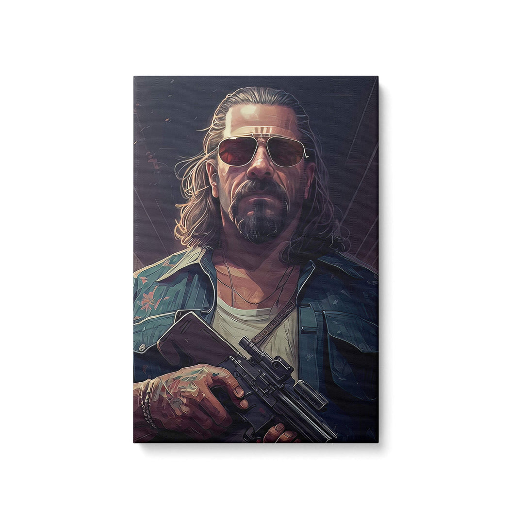 "The Dude" canvas print on white background, inspired by the cult classic film The Big Lebowski, stare down.