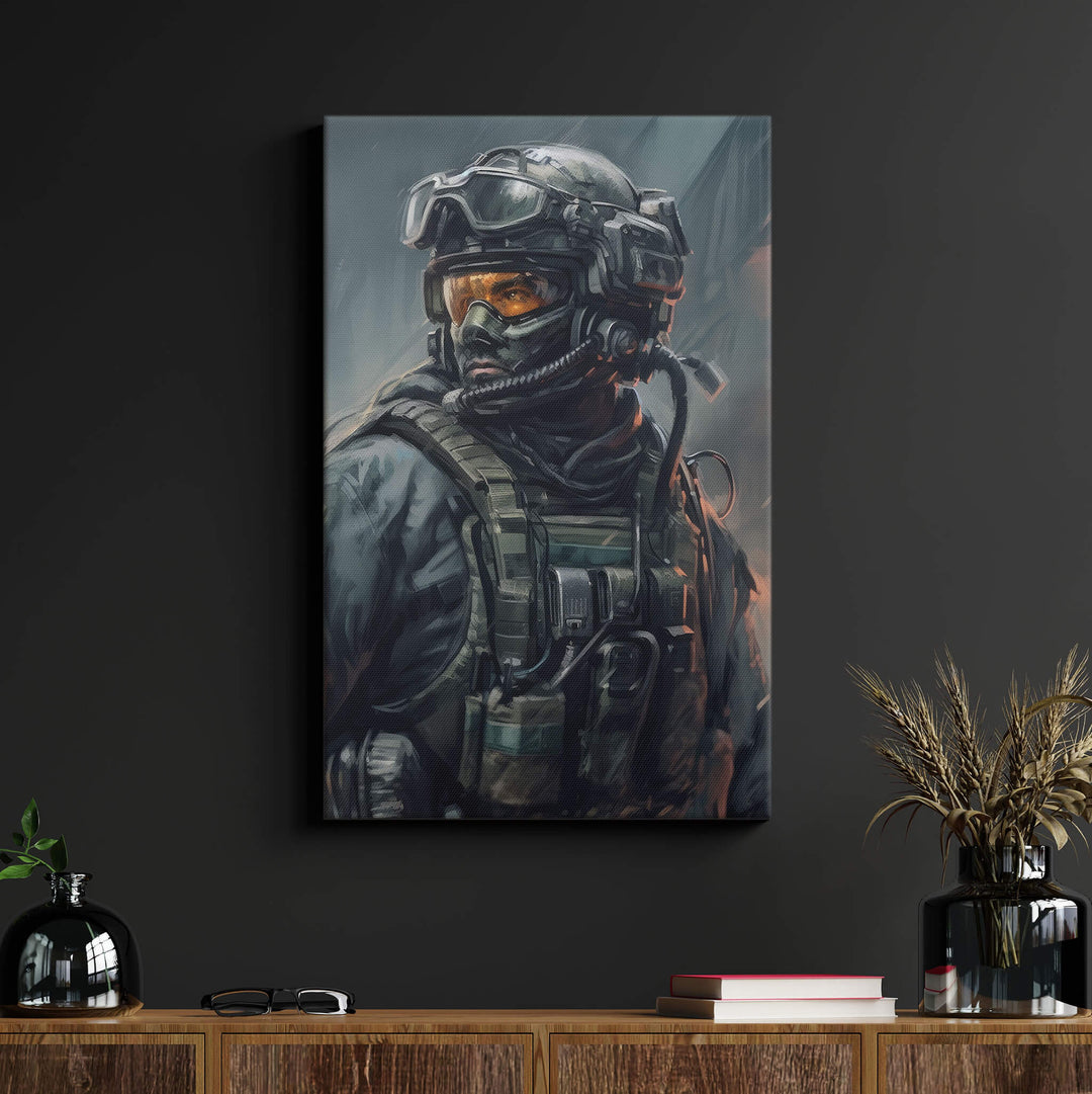 Modern Warfare canvas print displayed on a black wall above a wood desk. Suspenseful, war-inspired artwork.