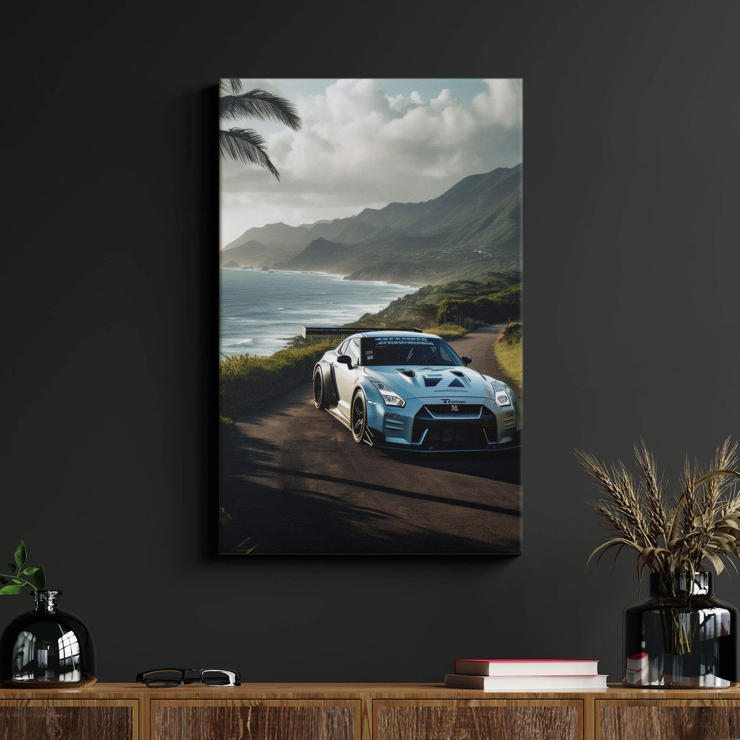 Beautiful canvas print on 1.5" stretcher bars, featuring a Nissan GT-R with amazing colors, displayed on a black wall.