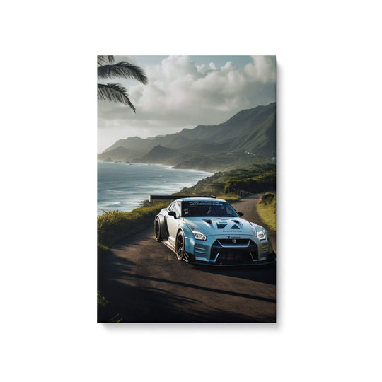 High-quality canvas print mounted on 1.5" stretcher bars featuring a Nissan GT-R cruising Hawaiian coastal roads.