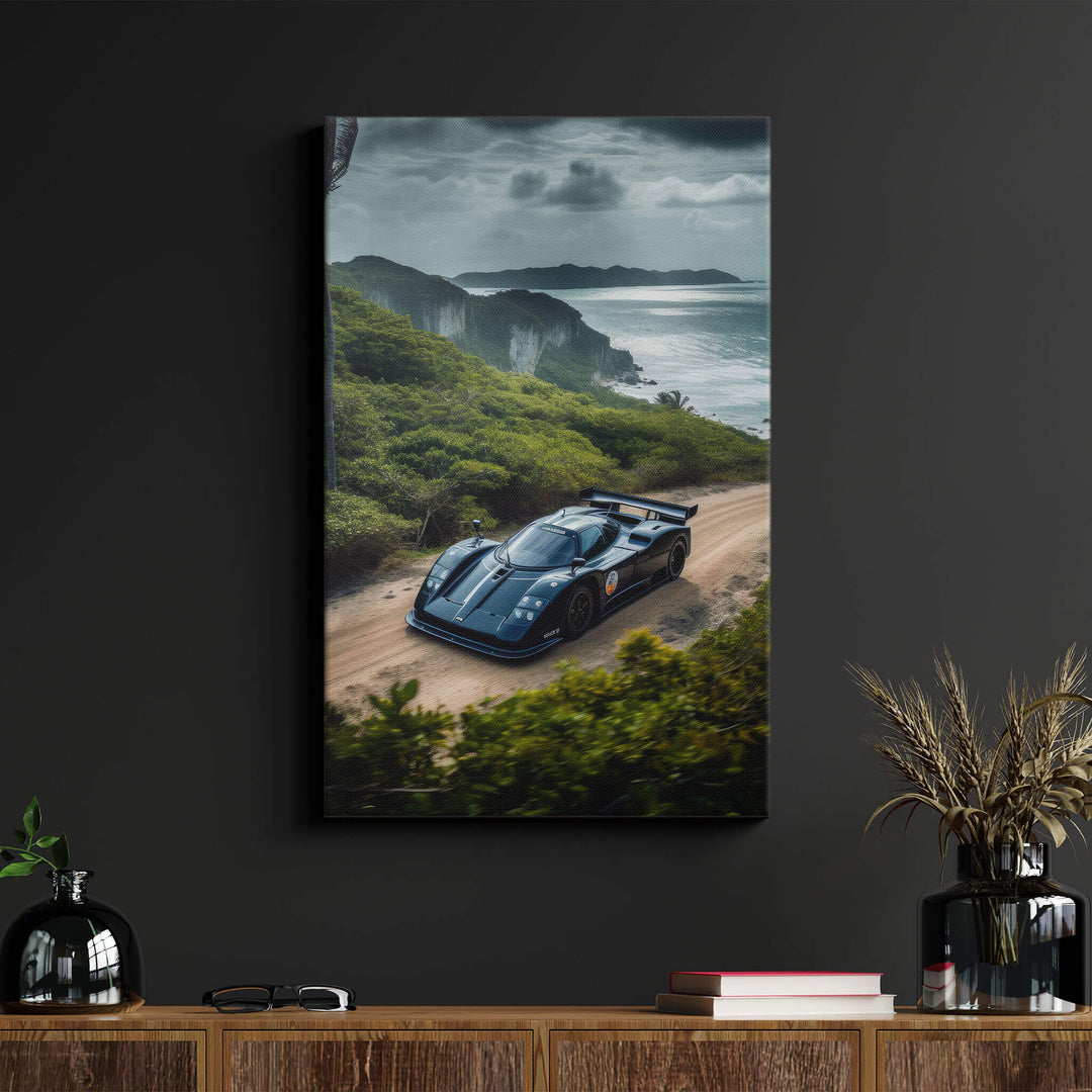 Black Nissan R390 printed on stretched canvas displayed as wall art on a black wall, best contrasting colors for any scenery.